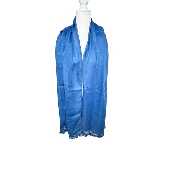 Chicos One Size OS Cotton Blend Reversible Novelty Wrap Scarf Buou Blue Fringe - Picture 2 of 7